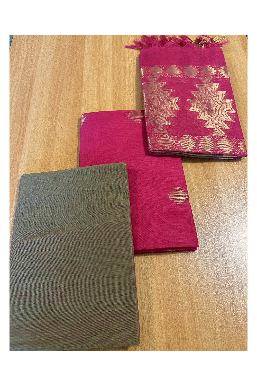 Southloom™ Cotton Semi Silk 3 Piece Green and Pink Salwar Material with Woven Zari Butta Work