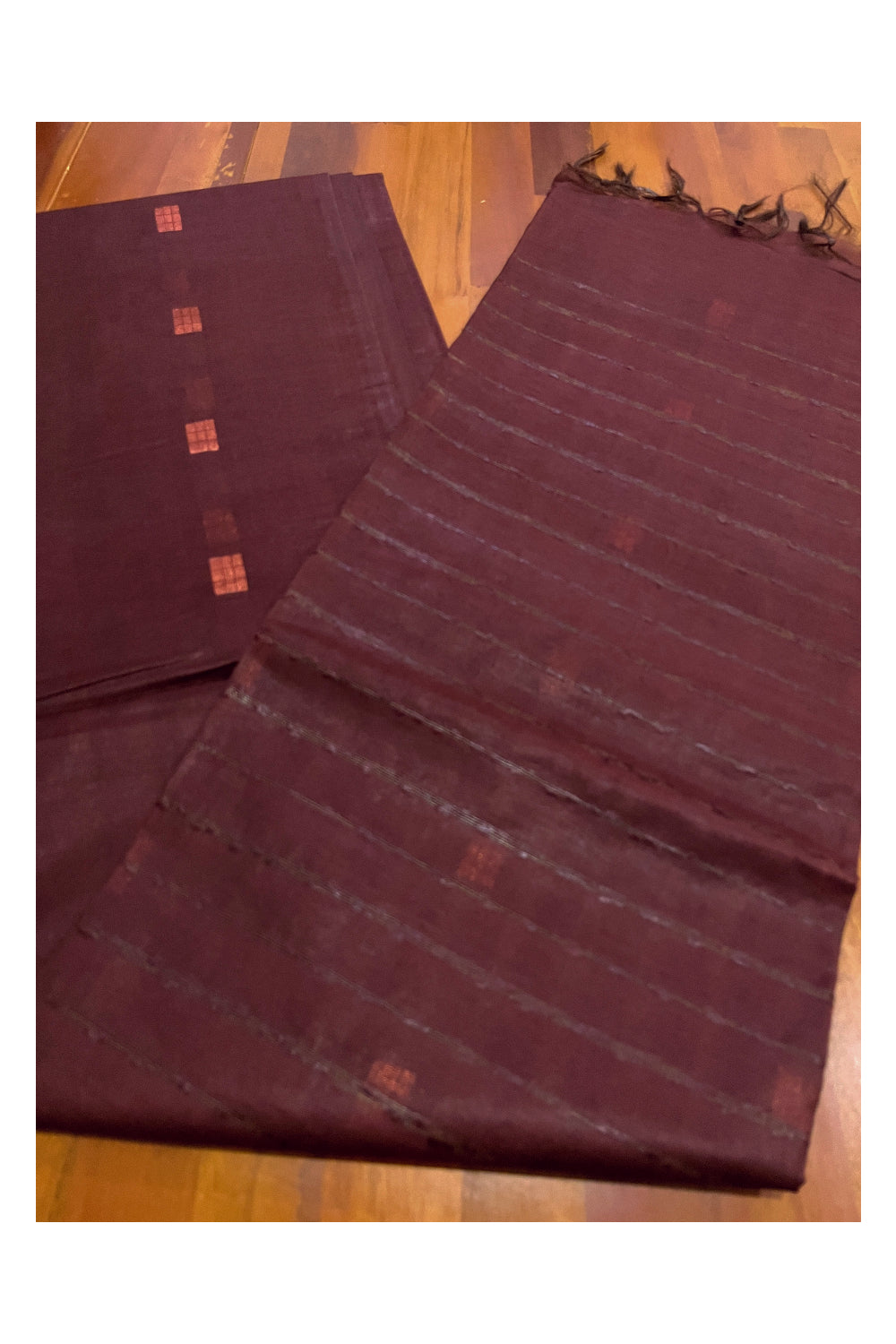 Southloom Cotton Dark Brown Saree with Copper Butta Works on Body