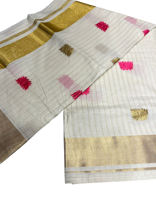 Southloom Kerala Cotton Kasavu Line Saree with Pink Lotus Embroidery Works
