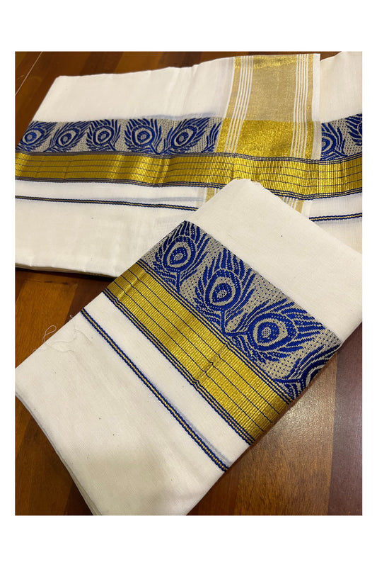 Kerala Pure Cotton Set Mundu Single (Mundum Neriyathum) with Blue Woven Works on Kasavu Border 2.80Mtrs