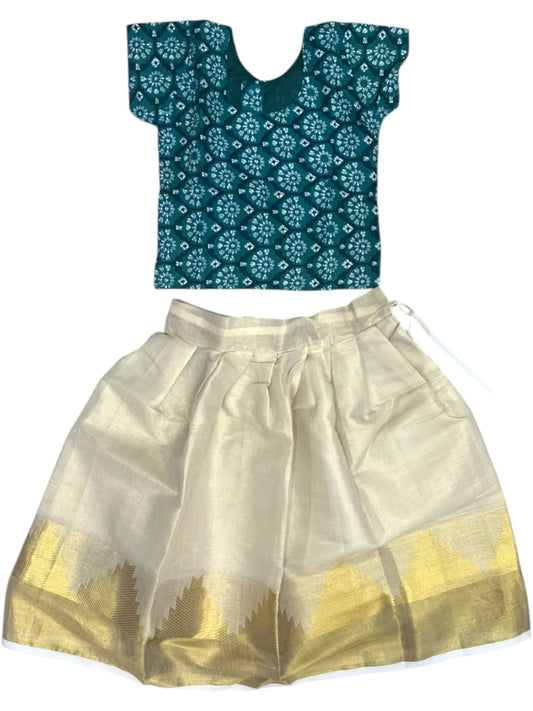 Southloom Kerala Tissue Kasavu Ajrakh Printed Pavada & Blouse with for Kids SL606