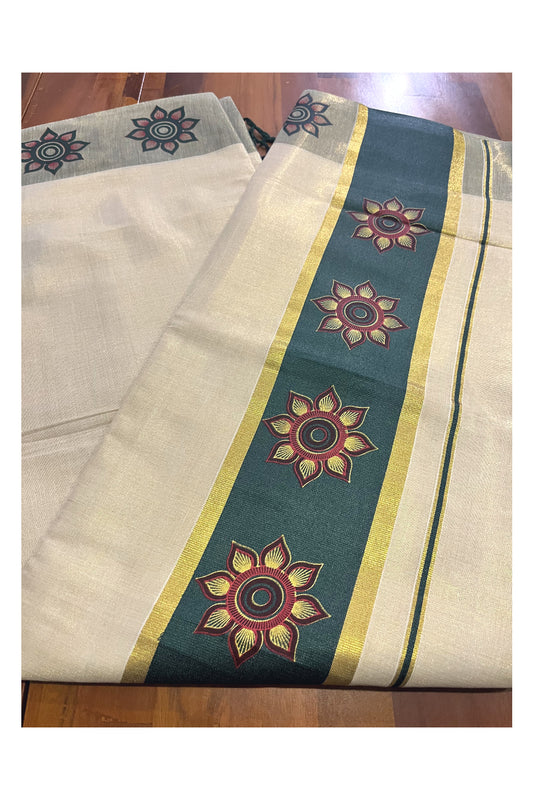 Kerala Tissue Kasavu Saree with Floral Block Prints in Dark Green Border