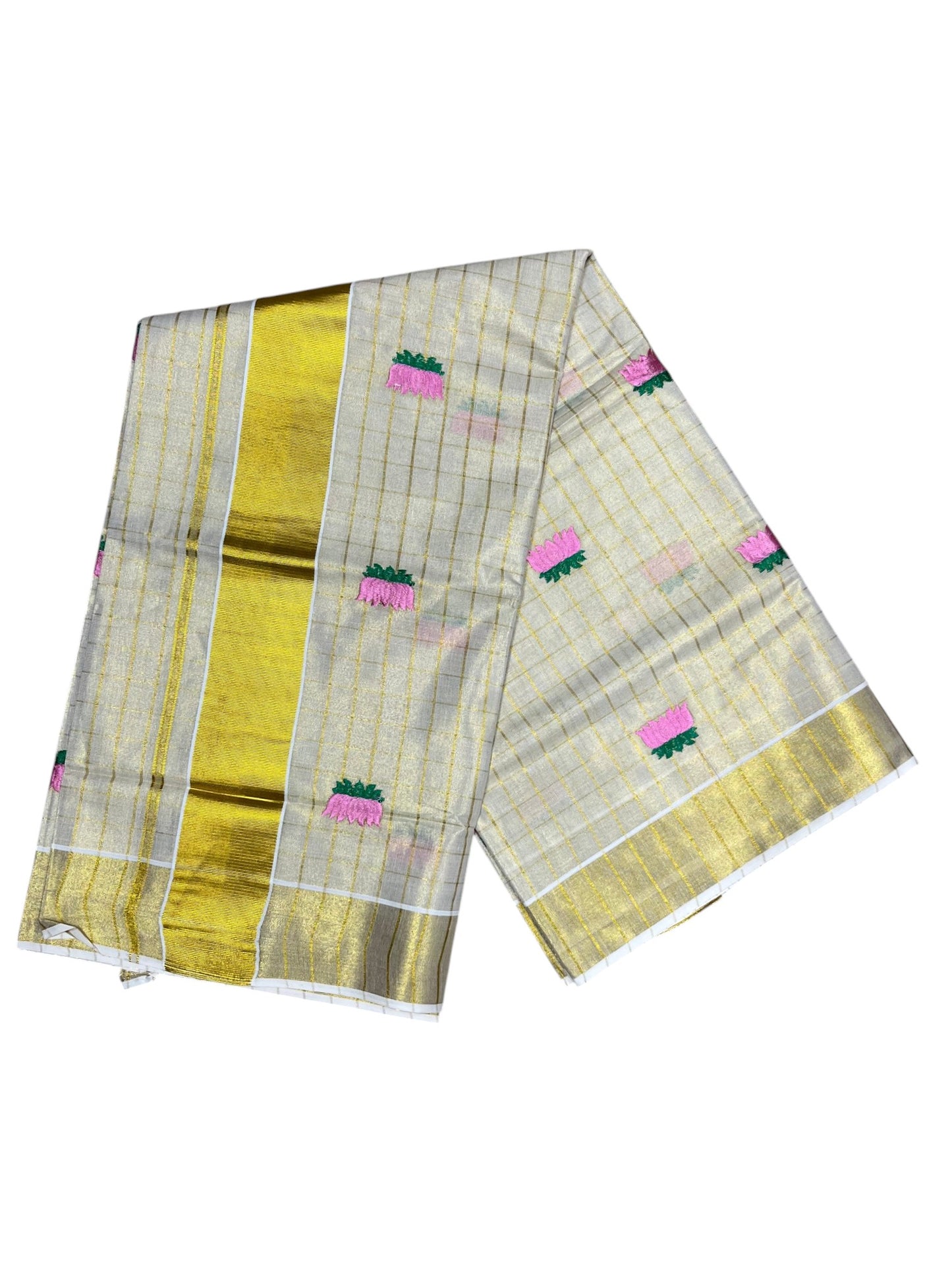 Southloom Kerala Tissue Kasavu Check Saree with Pink And Green Lotus Embroidary Works on Body