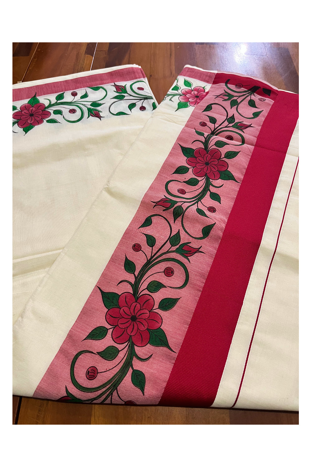 Pure Cotton Kerala Saree with Floral Block Printed Maroon Border