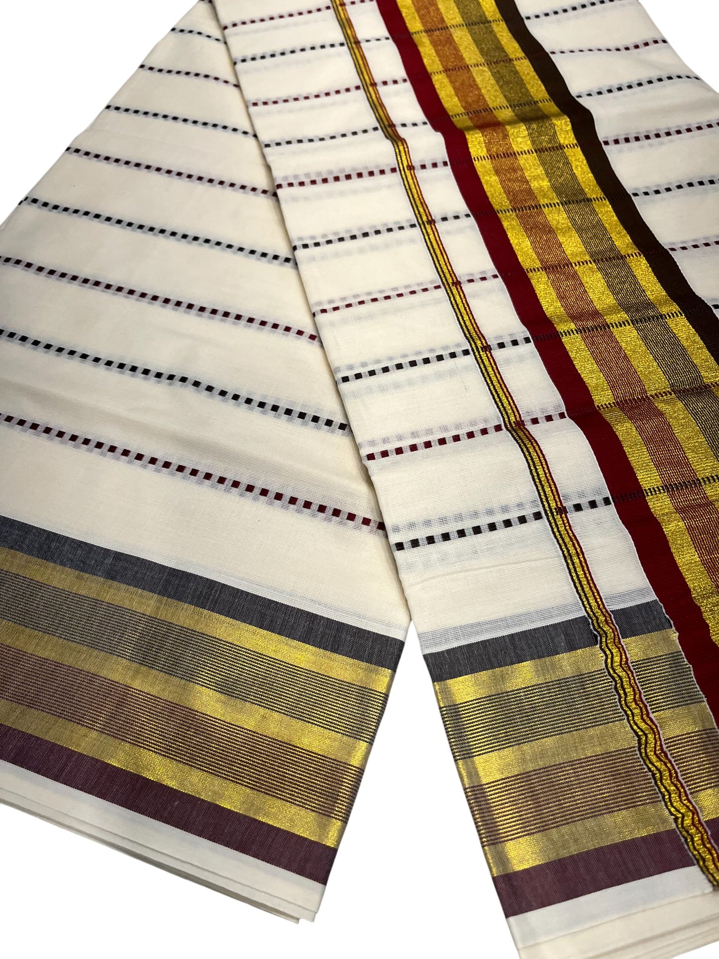 Southloom Cotton Kasavu Saree with Maroon and Brown Thread Work Across Body