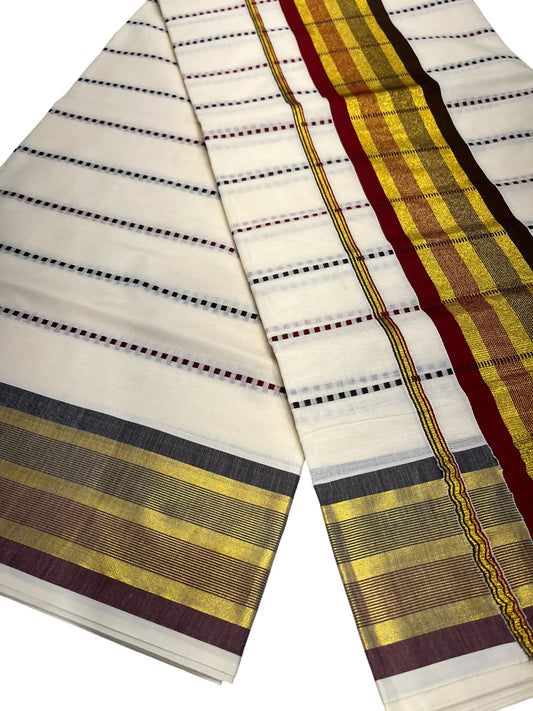 Southloom Cotton Kasavu Saree with Maroon and Brown Thread Work Across Body