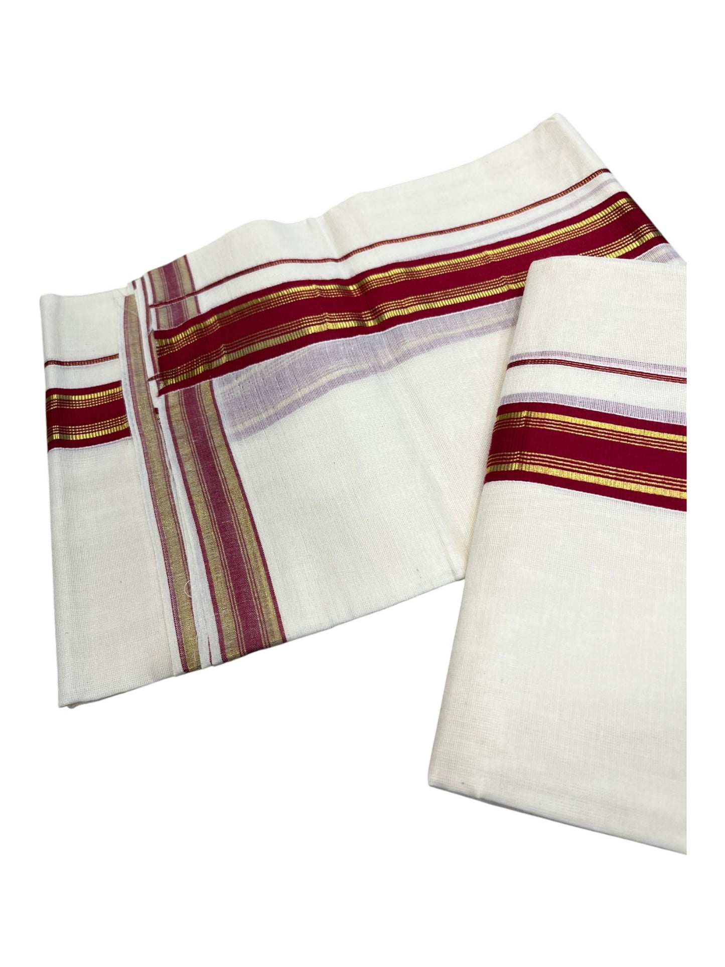 Southloom Kerala Cotton Single Set Mundu (Mundum Neriyathum) with Kasavu and Maroon Border 2.80 Mtrs