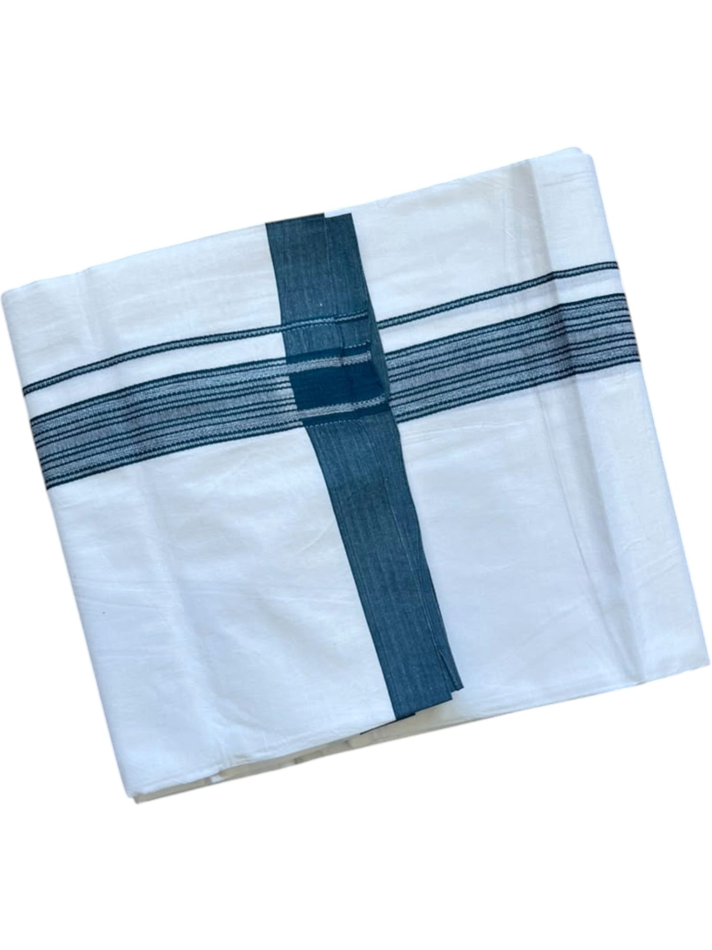 Southloom Pure White Single Cotton Mundu with Peacock Blue Border (South Indian Kerala Dhoti)