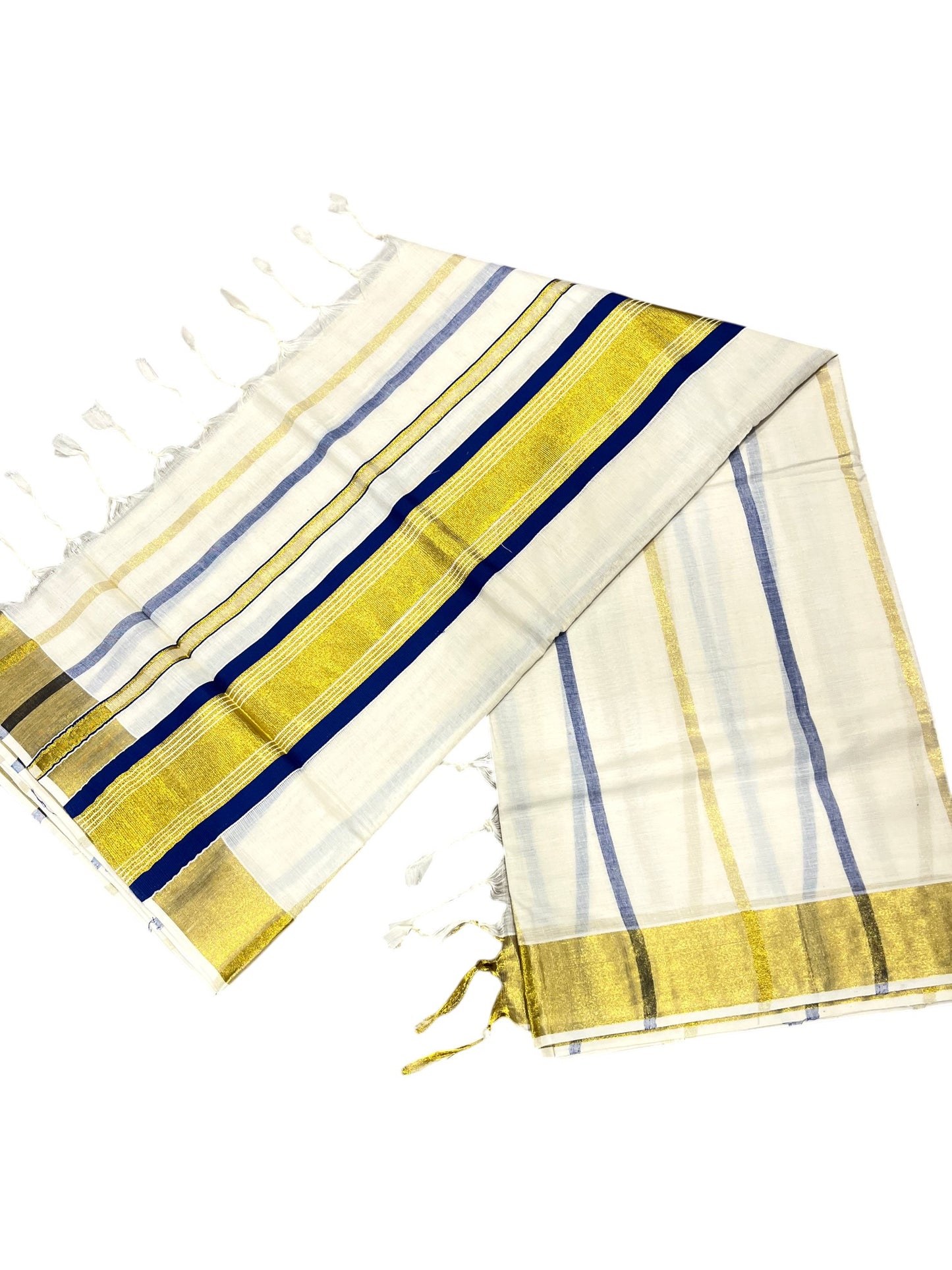 Southloom Kerala Cotton Kasavu Saree with Gold And Blue Lines on Body