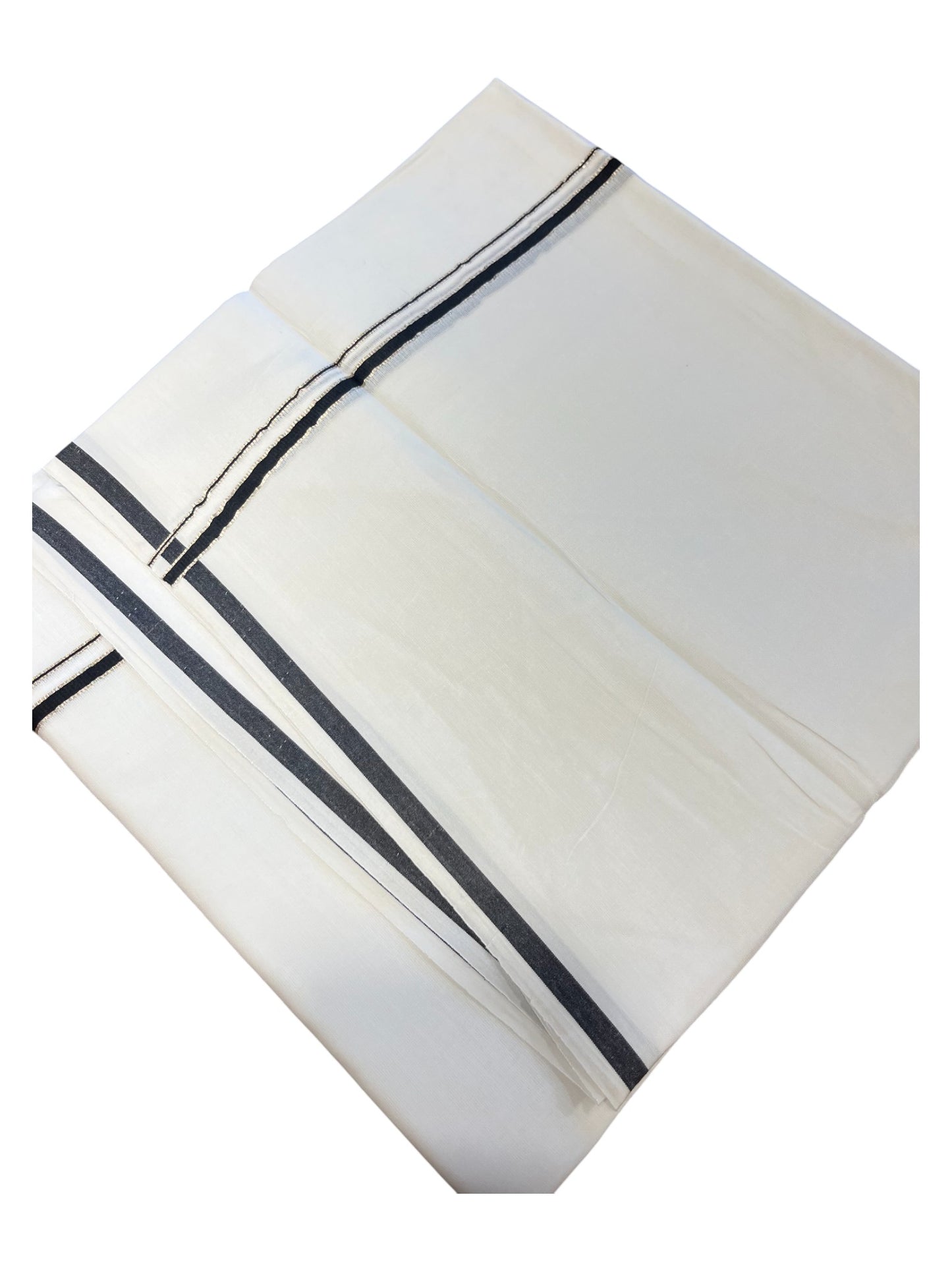 Pure White Cotton Double Mundu with Silver Black Kara (South Indian Dhoti)