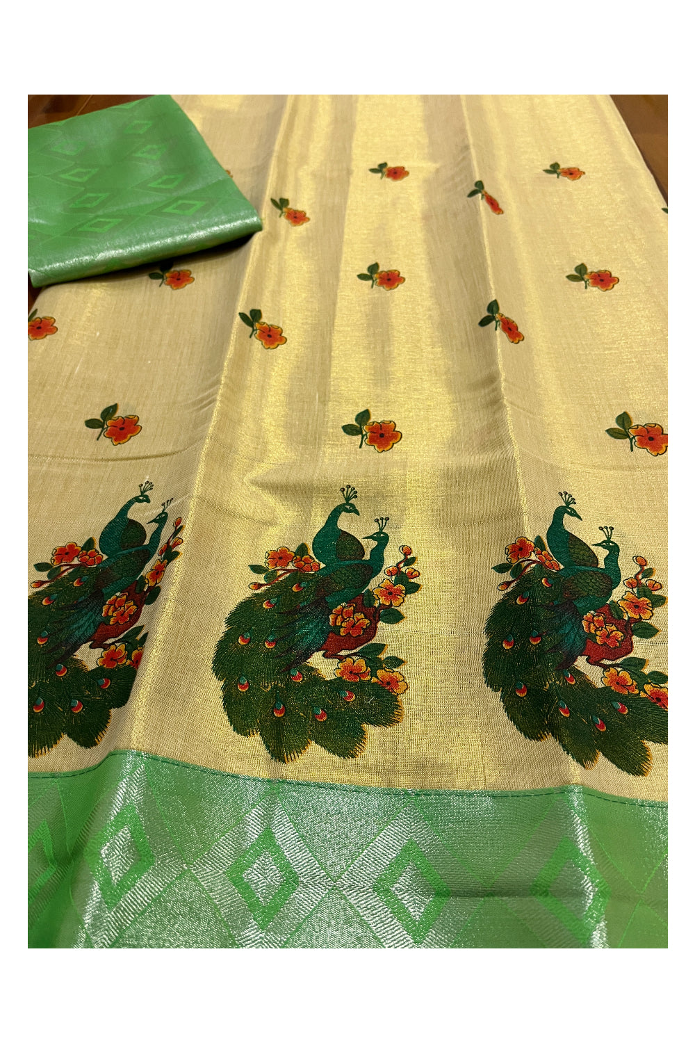 Kerala Tissue Mural Printed Pavada and Light Green Designer Blouse Material for Kids/Girls 4.3 Meters