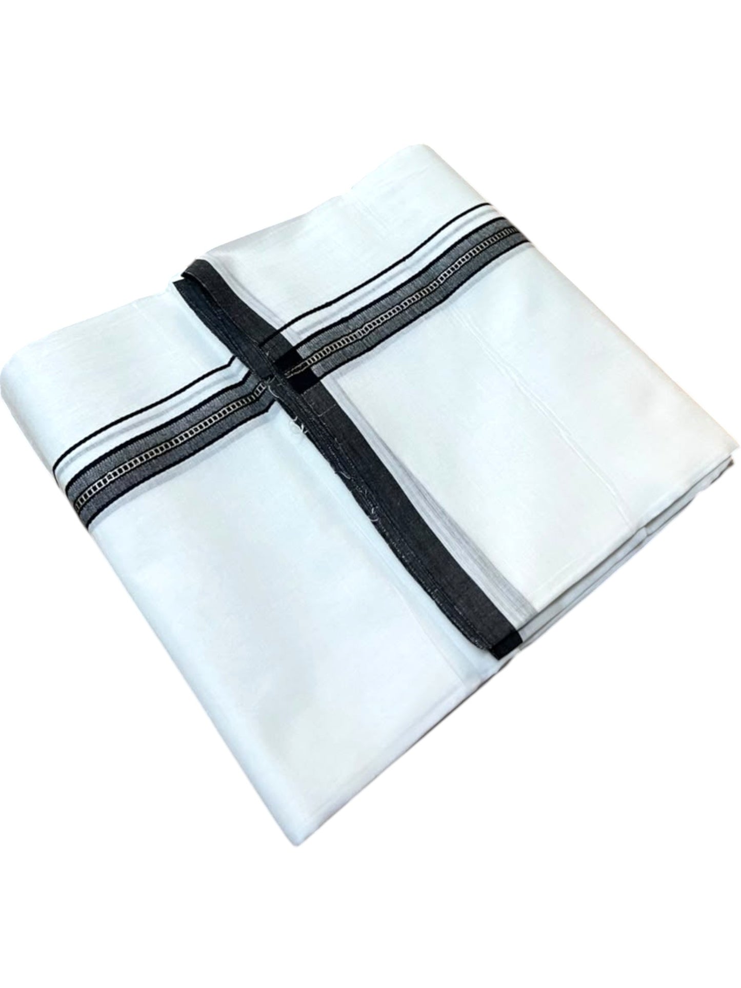 Southloom Pure White Cotton Mundu with Black & Silver Line Border (South Indian Kerala Dhoti)