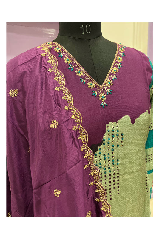 Southloom Stitched Semi Silk Salwar Set in Purple Green Printed and Sequins Designs