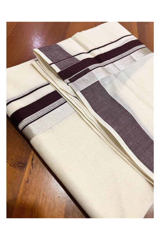 Pure Cotton Kerala Double Mundu with Brown and Silver Kasavu Kara (South Indian Kerala Dhoti)