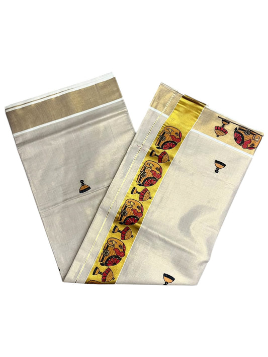 Southloom Tissue Kerala Kasavu Saree with Elephant Embroidery Design SL627