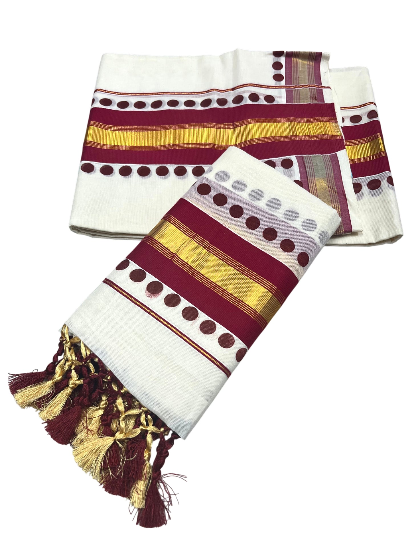Southloom Kerala Cotton Kasavu Single Set Mundu (Mundum Neriyathum) with Maroon Border With Polka Dots SLKK