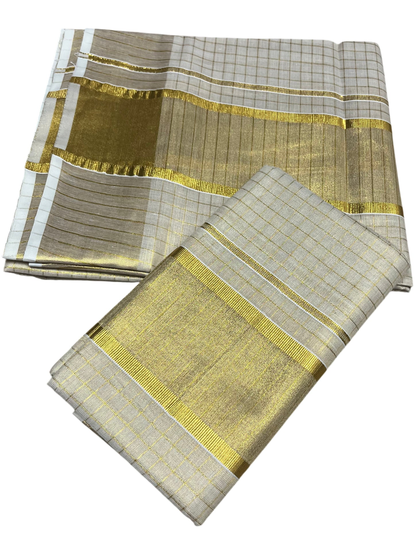 Southloom Kerala Tissue Single Set Mundu (Mundum Neriyathum) with  Kasavu Check Across Body