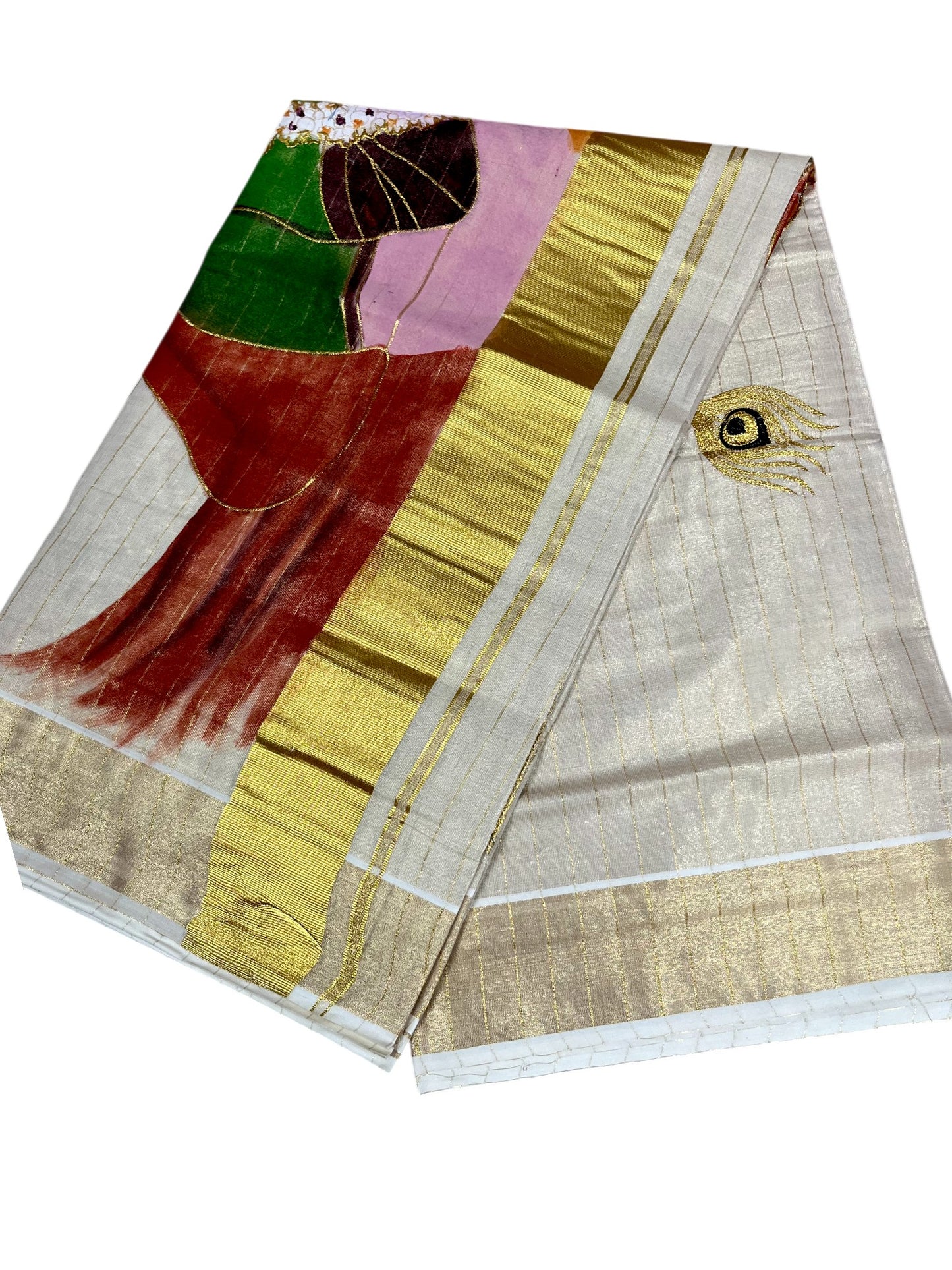 Southloom Tissue Kerala Kasavu Lines Saree with Hand Painted Embroidery Krishna & Yashodha Design SL283