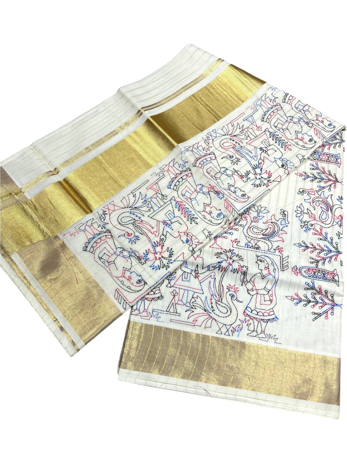 Southloom Cotton Kerala Kasavu Lines Saree with Kantha Embroidery Work on Body SL322