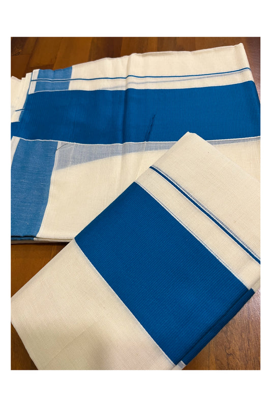 Kerala Cotton Mundum Neriyathum Single (Set Mundu) with Blue Border 2.80 Mtrs