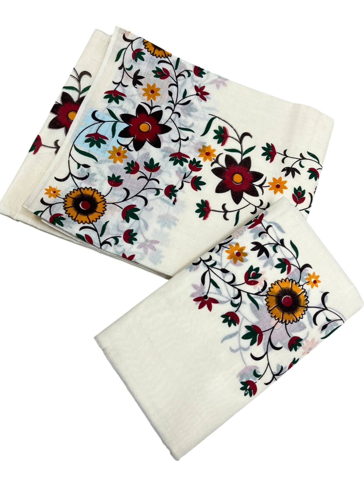 Southloom Cotton Single Set Mundu (Mundu Neriyathum) With Floral Print On Kasavu in 2.80 Mtrs