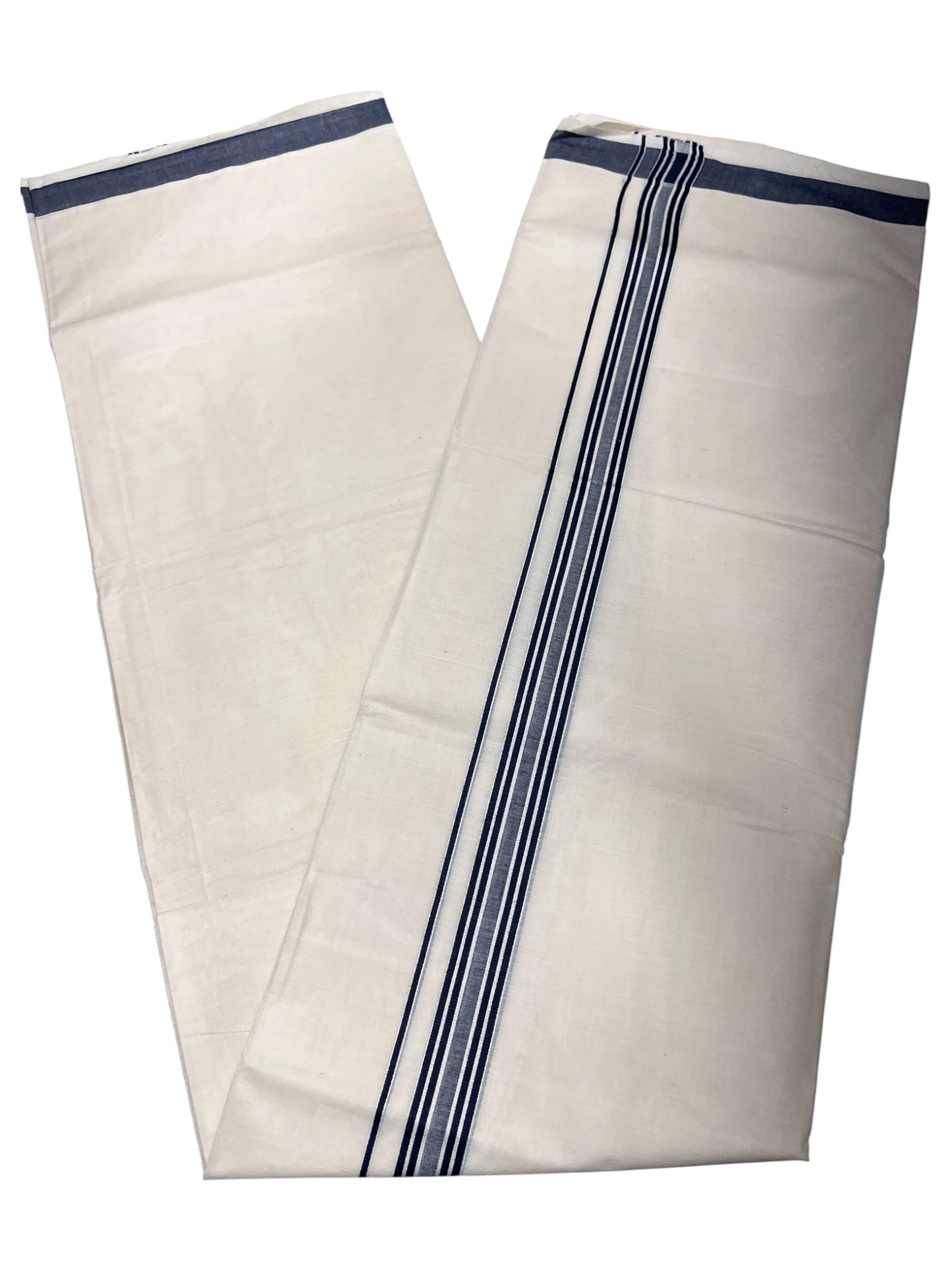 Southloom Pure Cotton Double Mundu With White Lines & Blue Border (South Indian Kerala Dhoti)