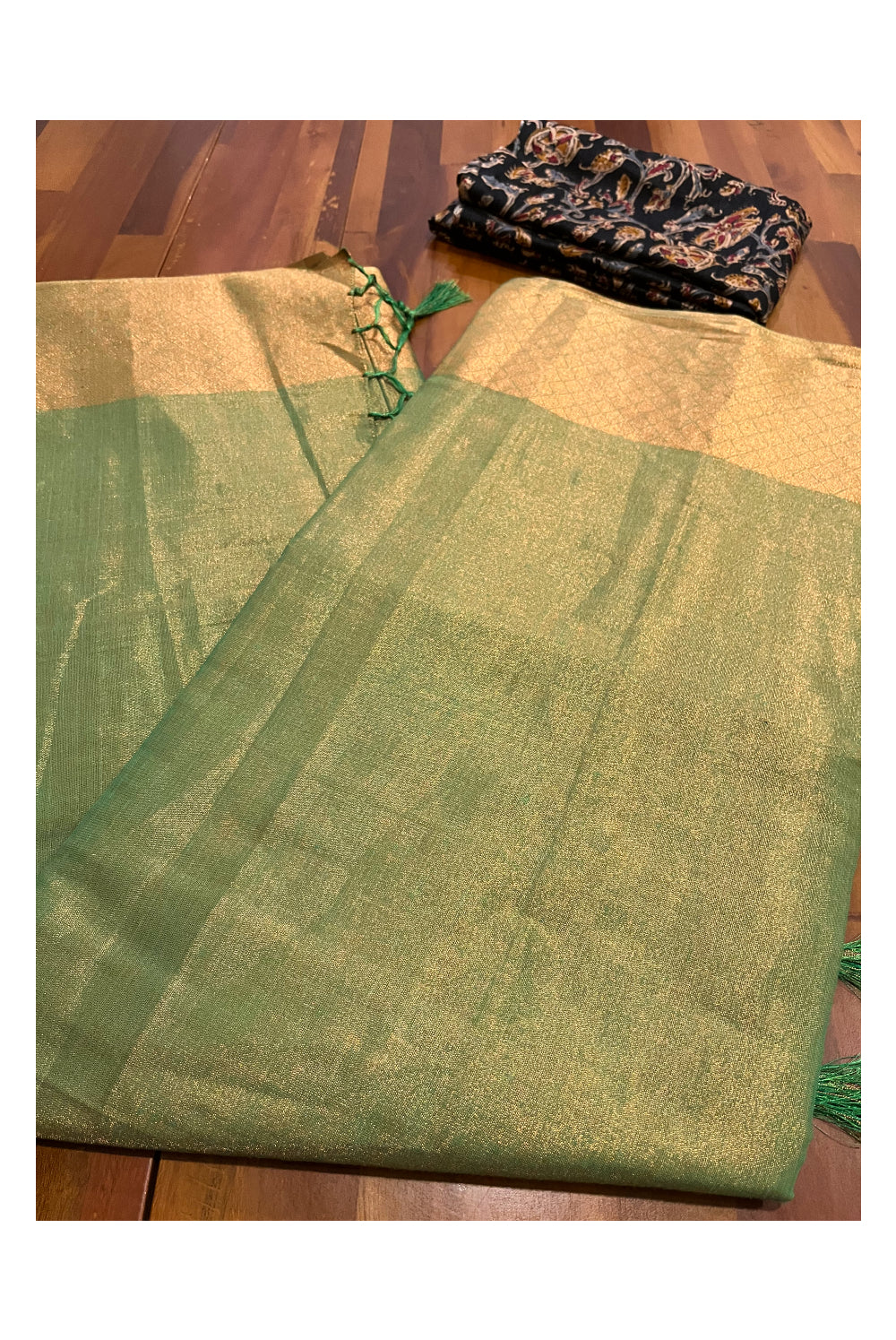 Southloom Green Tissue Plain Saree with Kalamkari Printed Blouse Piece