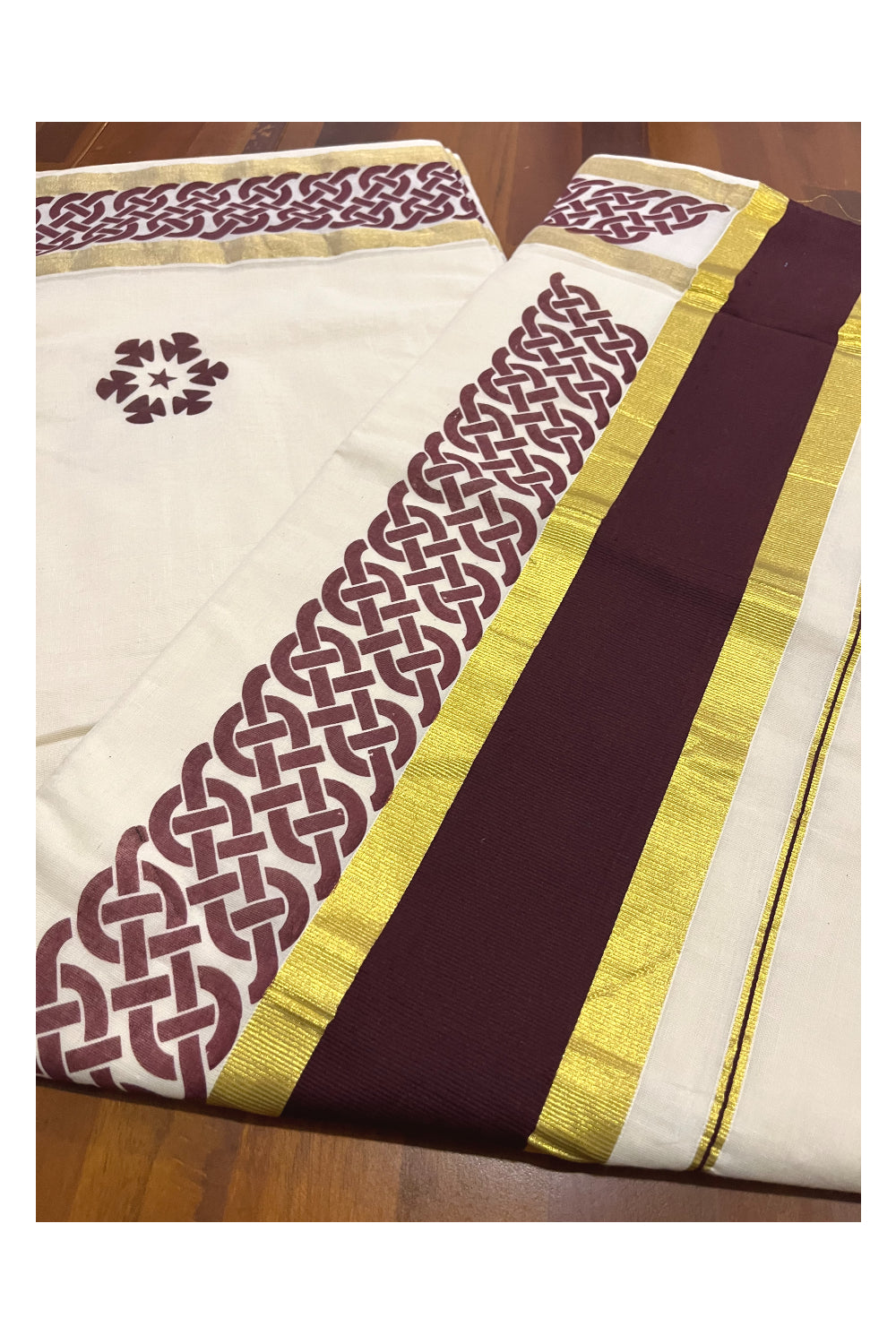 Pure Cotton Kerala Saree with Brown Block Printed Kasavu Border