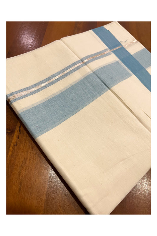 Pure Cotton Kerala Double Mundu with Light Blue and Kasavu Line Chutti Border (South Indian Kerala Dhoti)