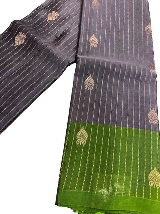 Southloom Pure Handloom Kanchipuram Silk Saree with Korvai Work (Grey & Green)