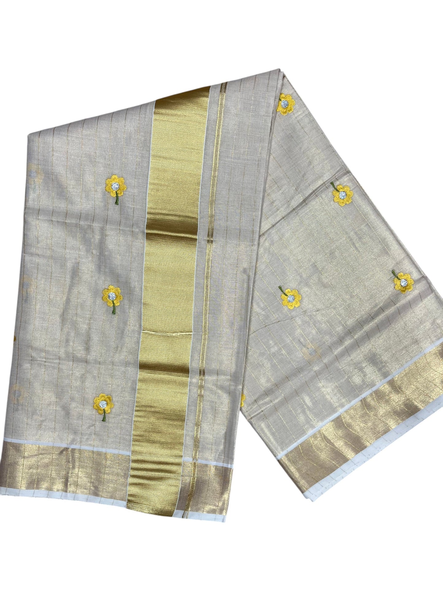 Southloom Kerala Tissue Kasavu Lines Saree with Yellow Floral Embroidery Work on Body