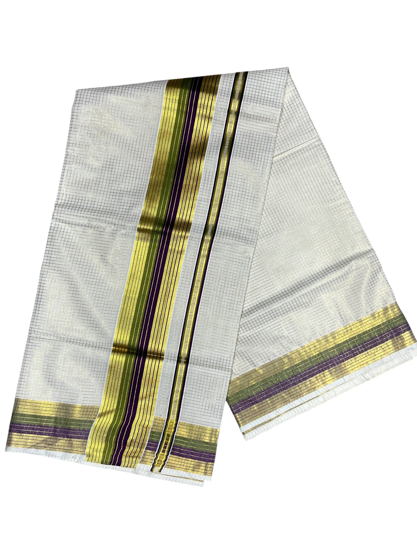 Southloom Kerala Cotton Kasavu Saree with Micro Check Design on Body in Purple & Olive Green Border