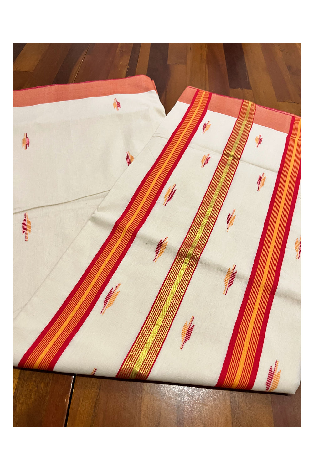 Southloom Premium Unakkupaavu Handloom Cotton Orange Butta Work Kasavu Saree