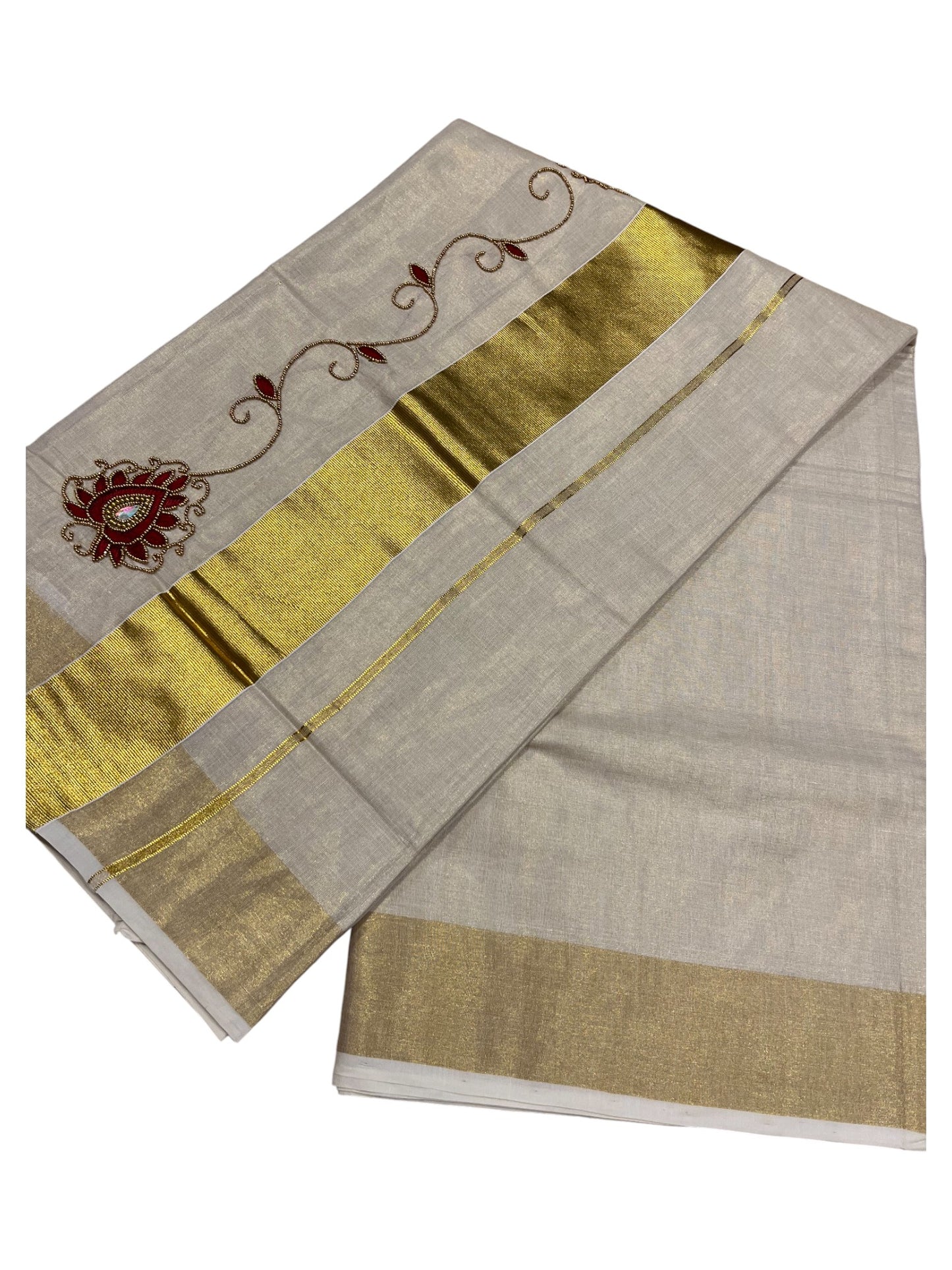Kerala Tissue Kasavu Saree with Floral Embroidery and Sequins Work on Body