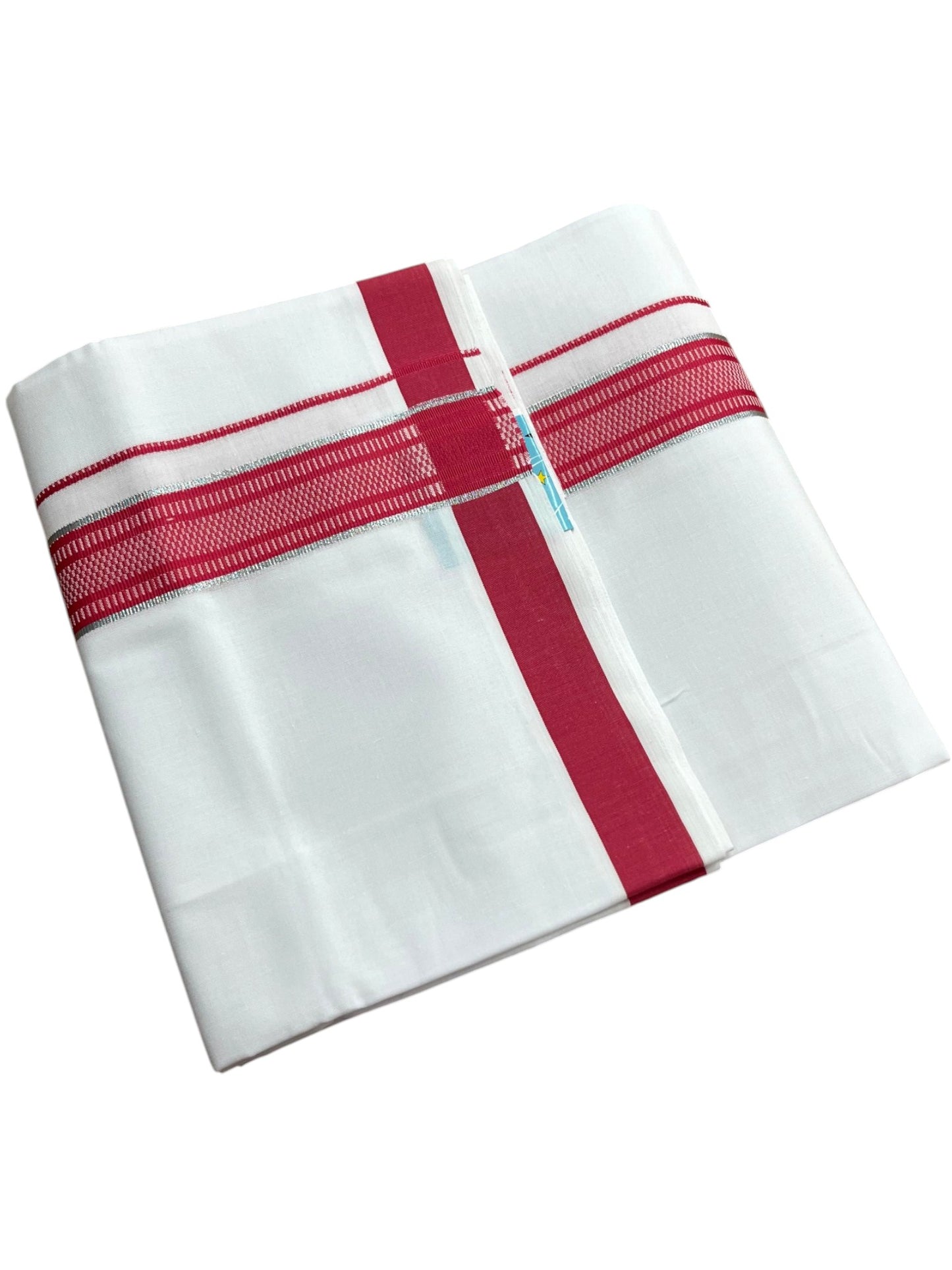 Southloom Pure White Cotton Mundu with Silver Line & Dark Pink Border (South Indian Kerala Dhoti)