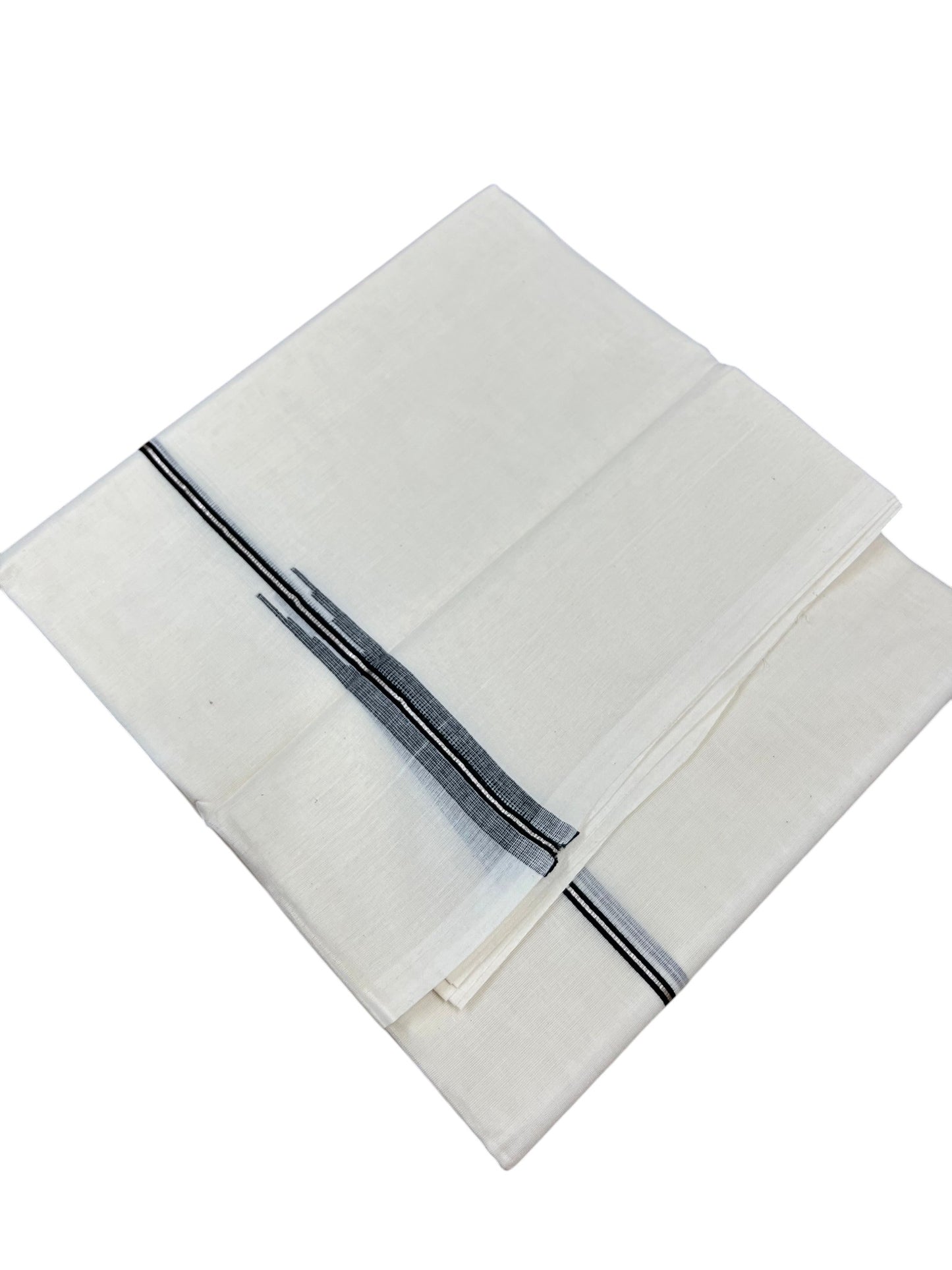 Kerala Pure Cotton Double Mundu with Black And Silver Chutti Kara (South Indian Kerala Dhoti)