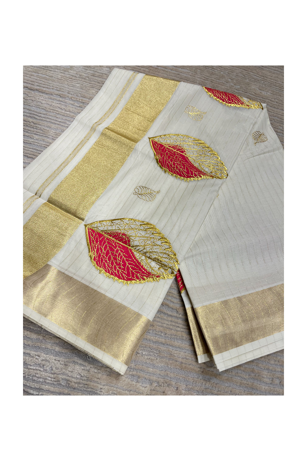 Southloom Kasavu Lines Saree with High Quality Embroidery Work in Kasavu and Reddish Pink