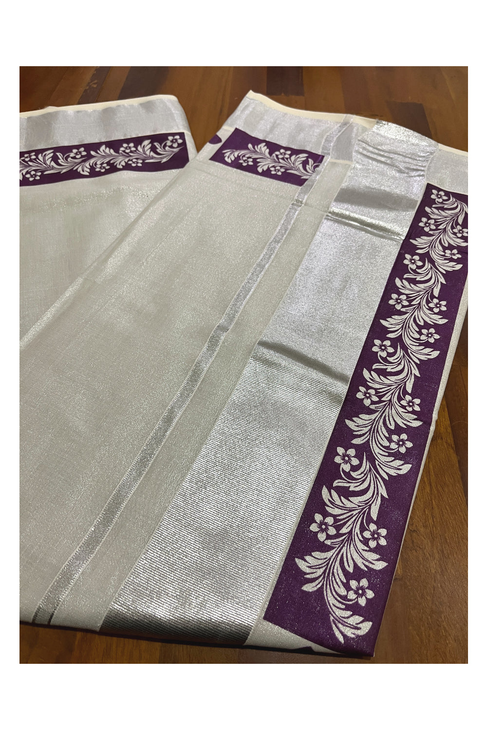 Kerala Silver Tissue Kasavu Saree with Purple Floral Block Prints and Silver Border