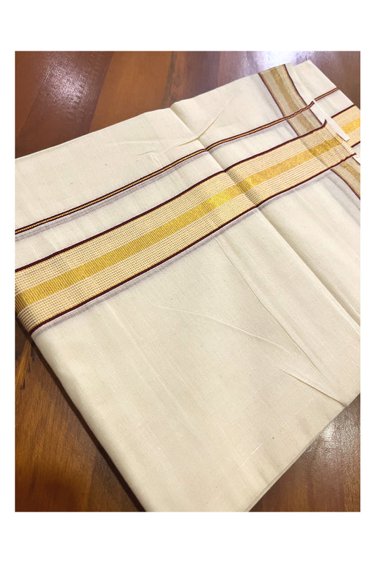 Kerala Pure Cotton Double Mundu with Maroon and Kasavu Lines Border (Vishu 2024 Collection)