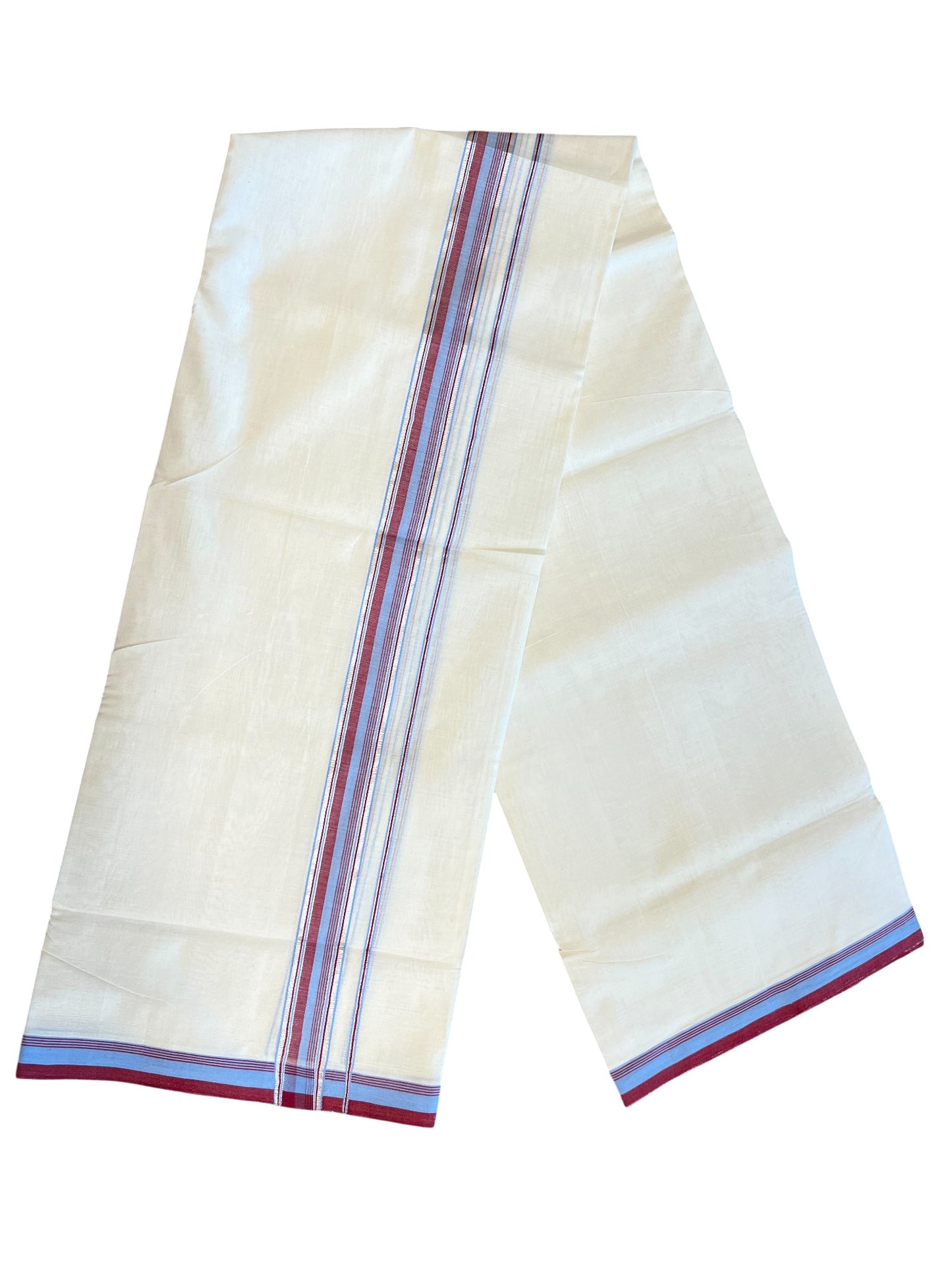 Southloom Premium Handloom Cotton Double Mundu with Blue and Maroon Border