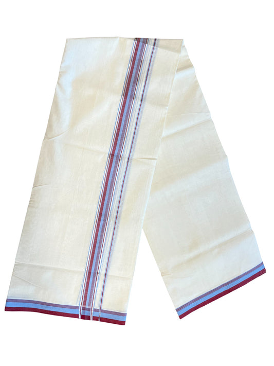 Southloom Premium Handloom Cotton Double Mundu with Blue and Maroon Border