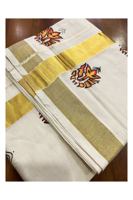 Off White Kerala Cotton Double Mundu with Hand Painted Designs on Kasavu Border (Vishu 2024 Collection)