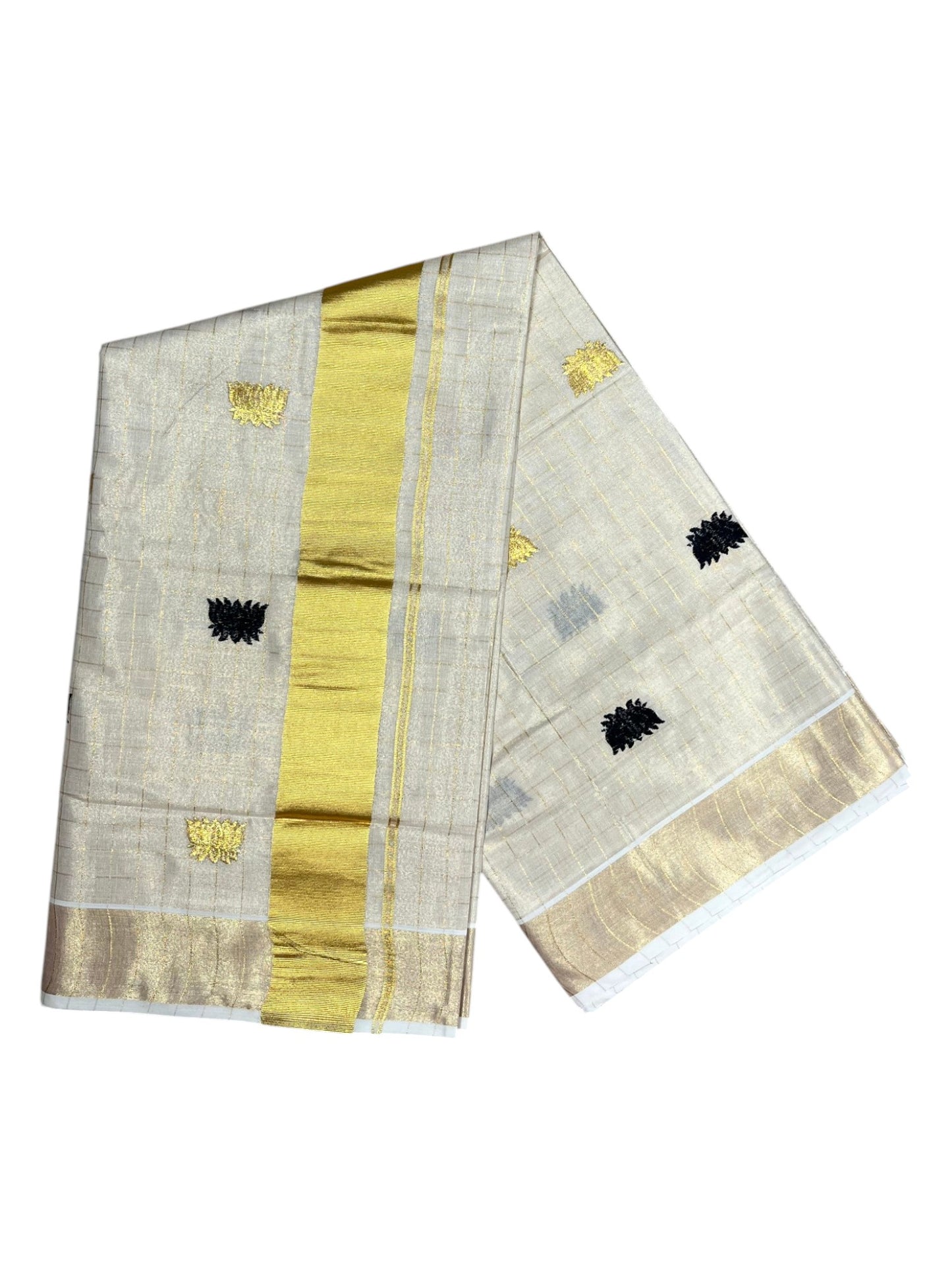 Southloom Kerala Tissue Kasavu Check Saree with Black Lotus Embroidery Works