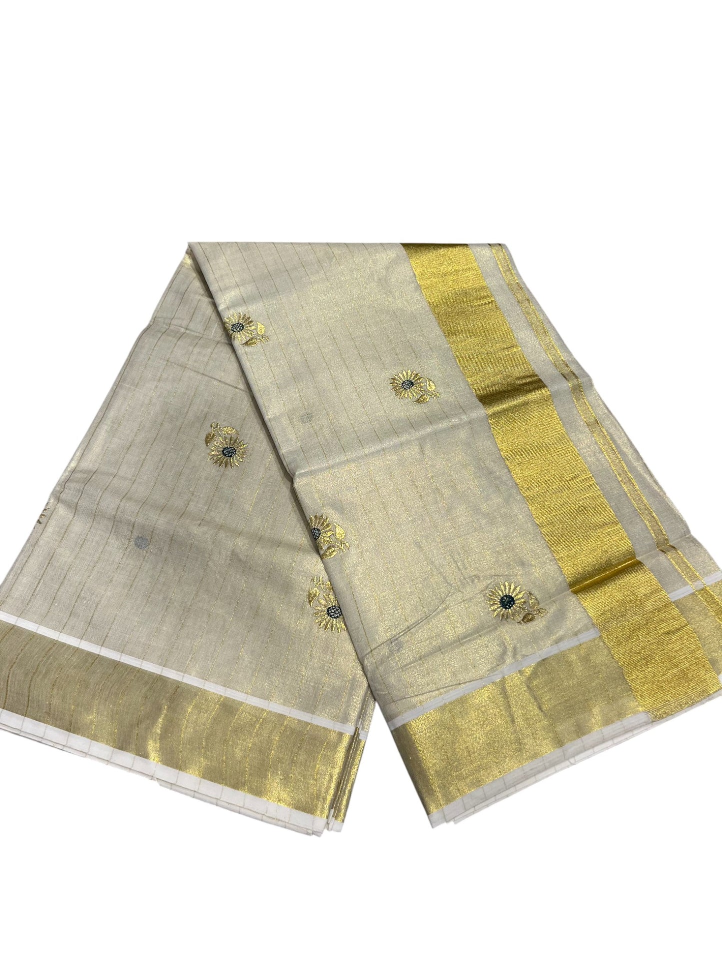 Kerala Tissue Kasavu Stripes Saree with Floral Embroidery Design on Body