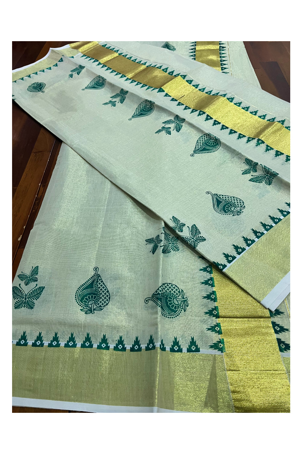 Kerala Tissue Single Set Mundu (Mundum Neriyathum) with Green Block Prints and Temple Border 2.80 Mtrs