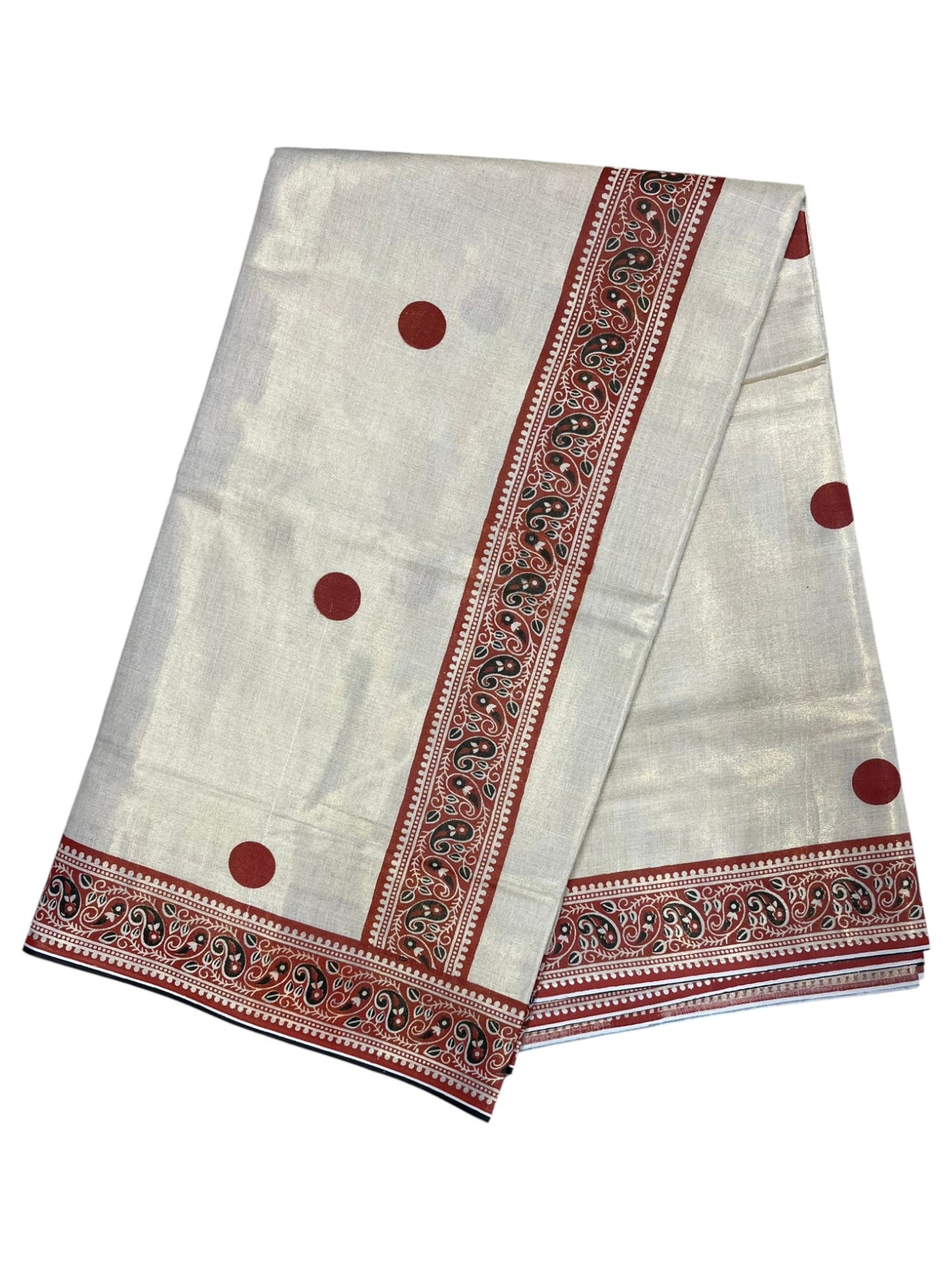 Southloom Kerala Tissue Plain Saree With Orange Polk Dots on Body and Floral Digital Prints in Borders