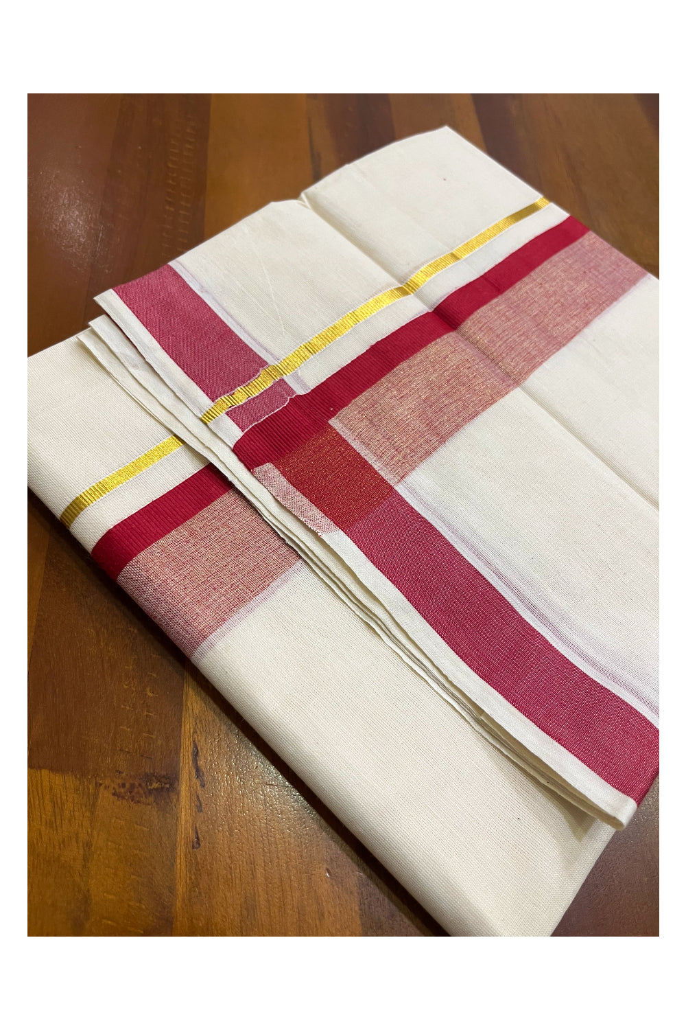 Kerala Pure Cotton Double Mundu with Red and Kasavu Border (South Indian Kerala Dhoti)