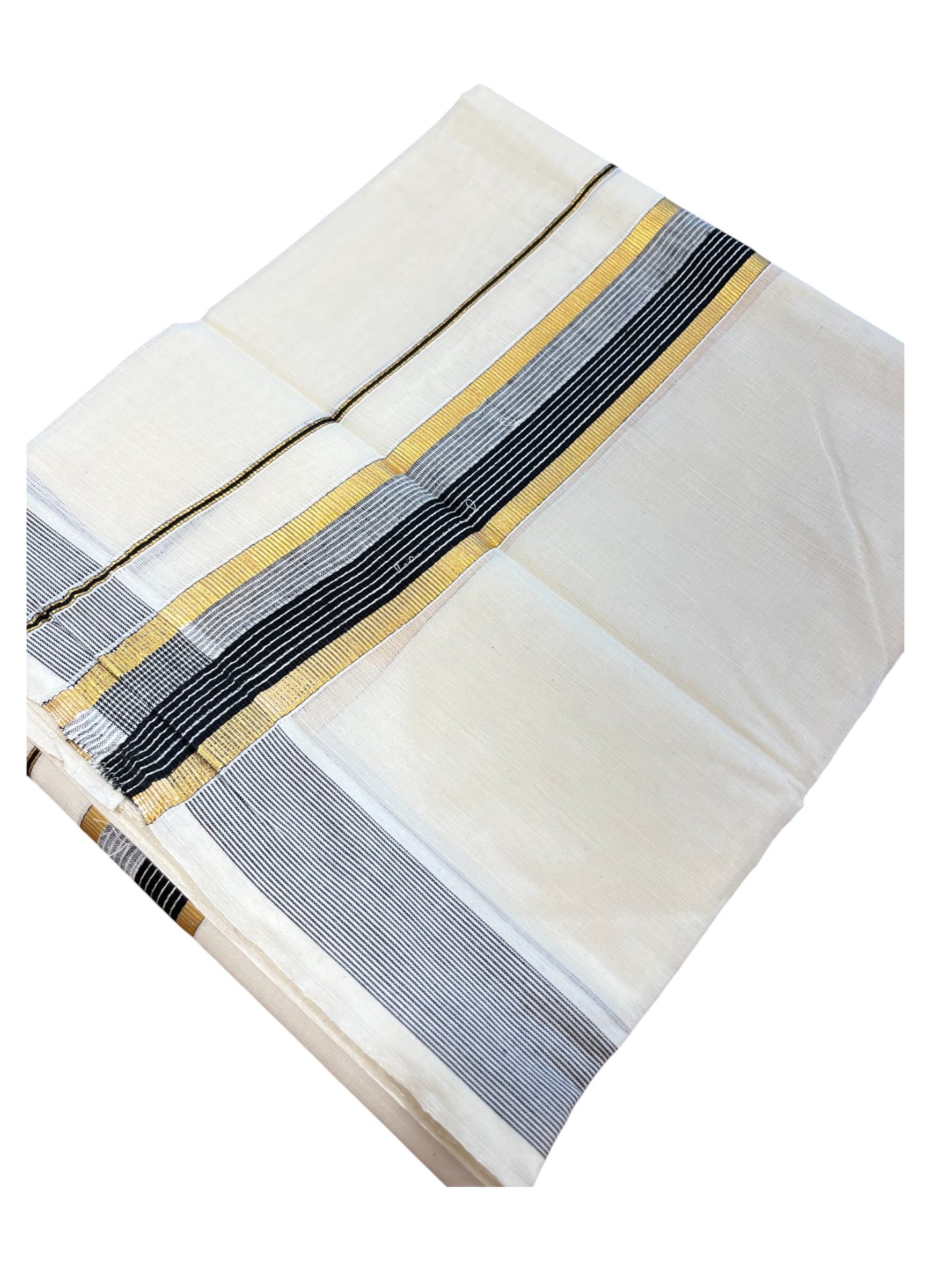 Southloom Pure Cotton  Double Mundu With Gold Kasavu & Black& Gray Lines  Border (South Indian Kerala Dhoti)