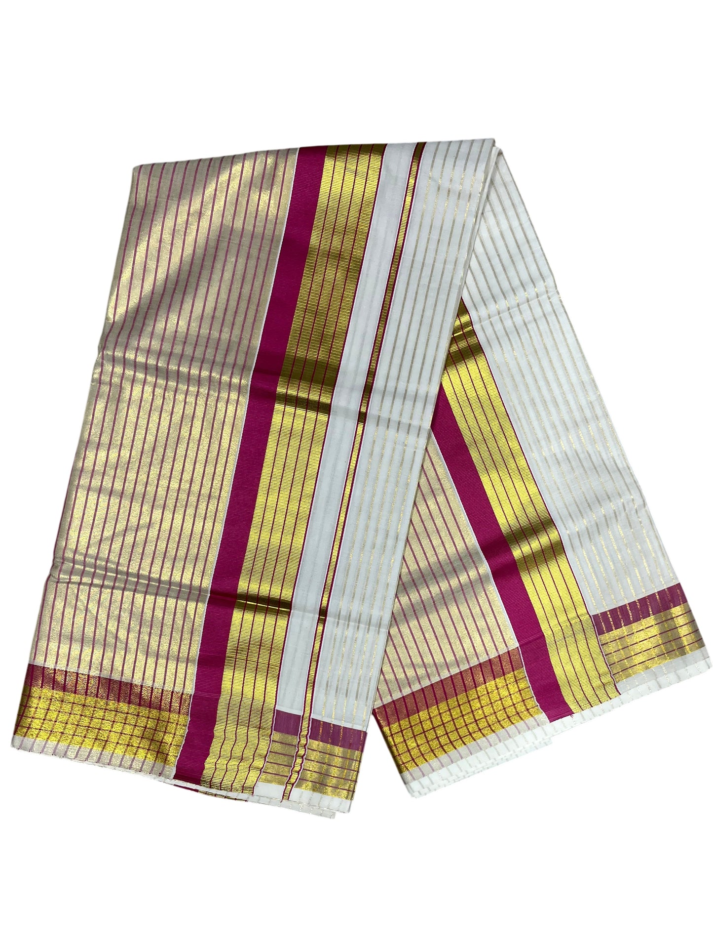Southloom Kerala Pure Cotton Saree with Stripes on Body and Borders in pink SL334