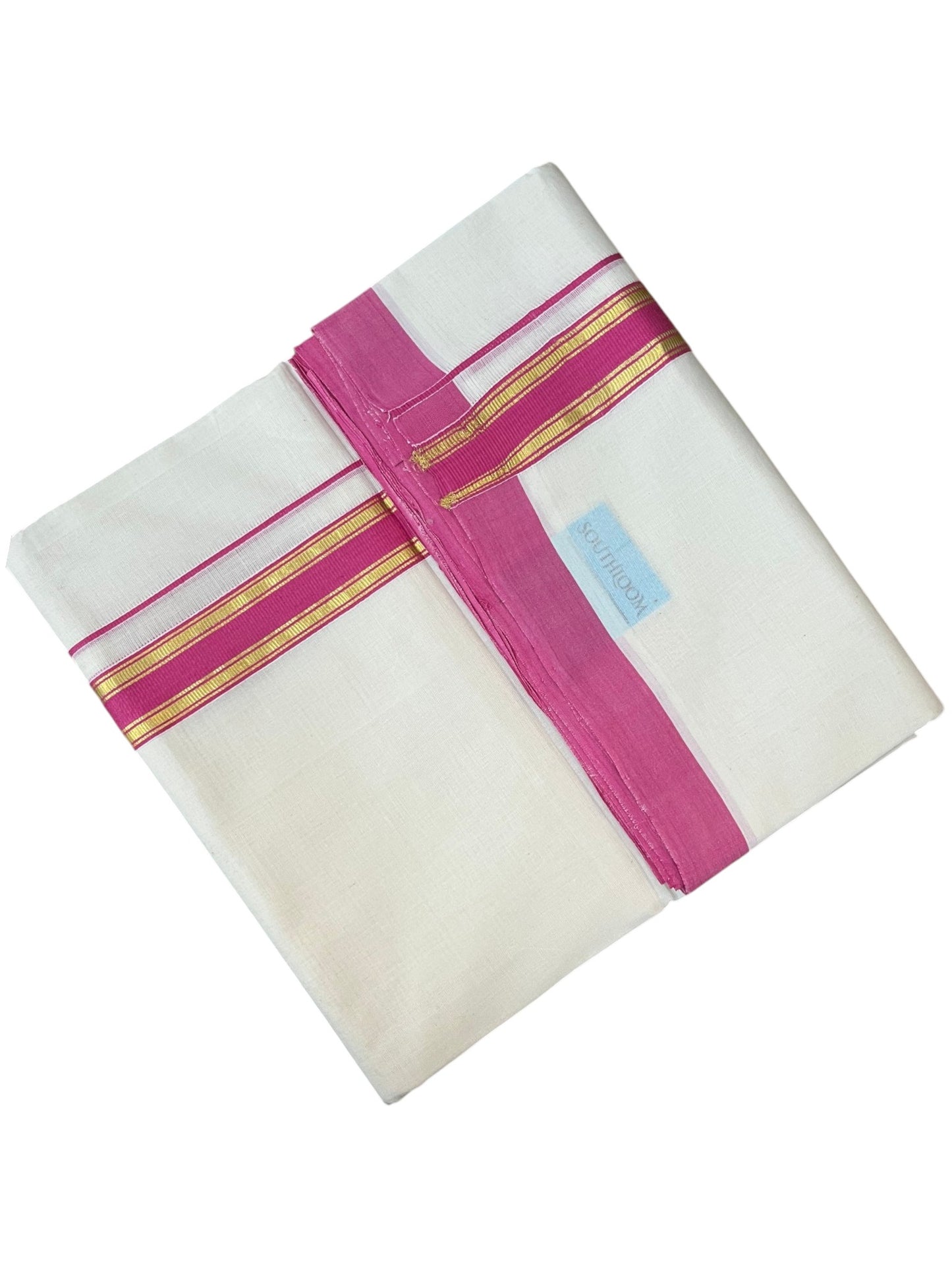Southloom Pure Cotton Mundu with Golden Lines and Magenta Border (South Indian Kerala Dhoti)